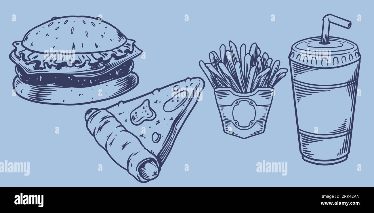 Set di fast food con hamburger, pizza, patatine fritte, bibite analcoliche. Menu fast food del ristorante Junk food Illustrazione Vettoriale