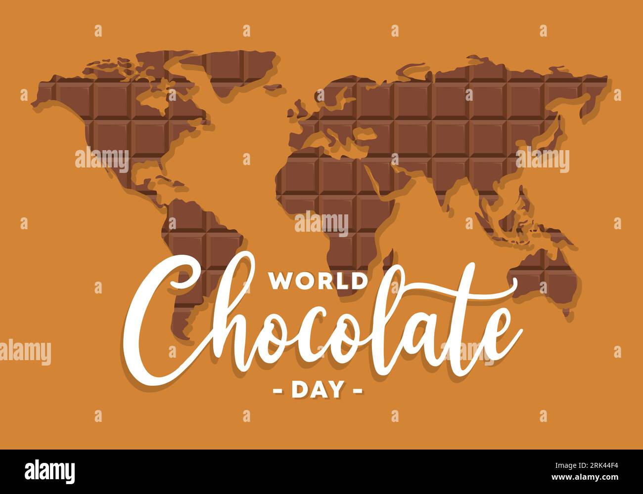 Sfondo disegnato a mano della giornata del cioccolato felice con mappa del mondo e testo scritto a mano su sfondo dorato. Illustrazione Vettoriale