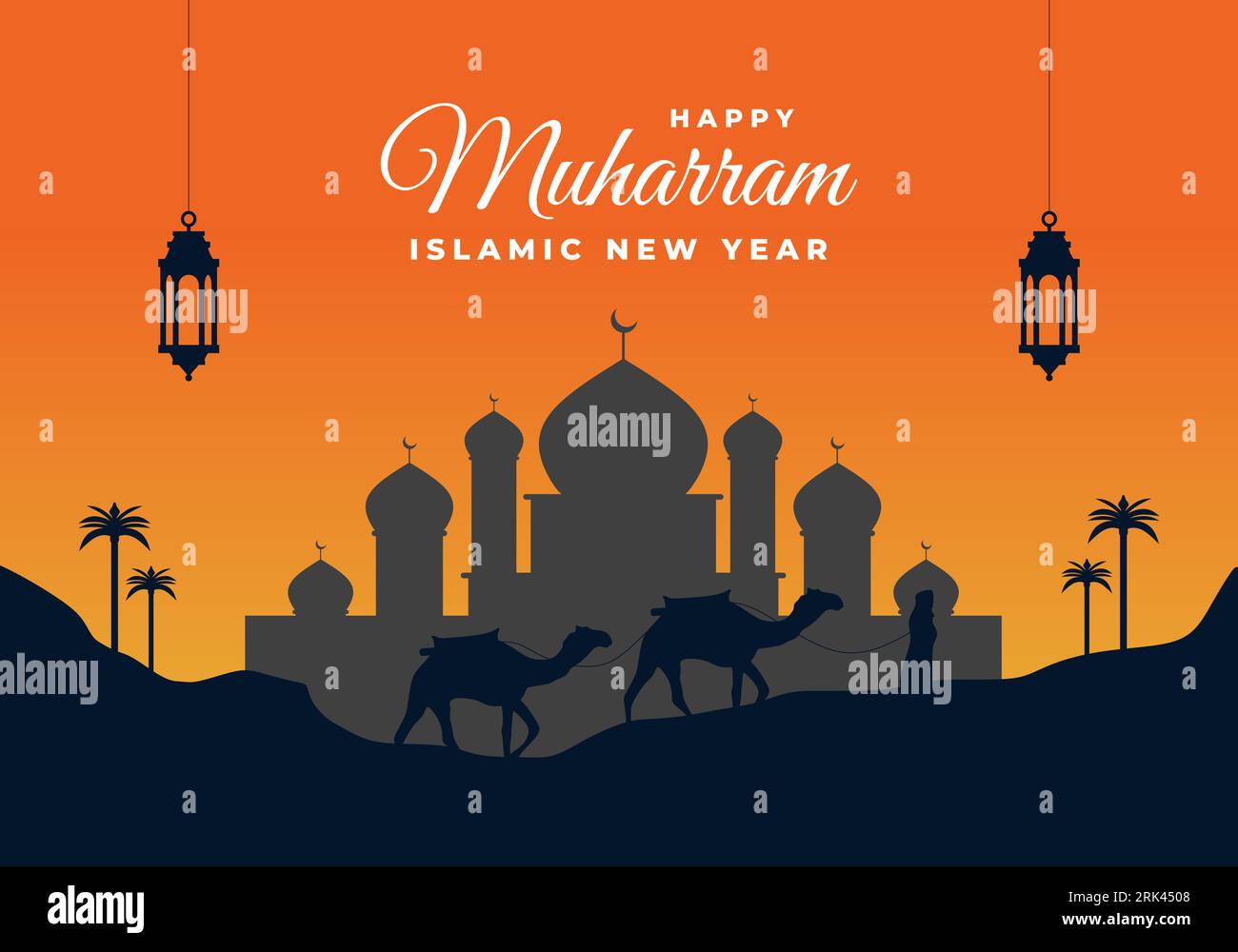 Capodanno islamico, biglietto d'auguri per il festival Happy muharram con lanterne nere, grande moschea e cammello nel tardo pomeriggio nel deserto. Illustrazione Vettoriale