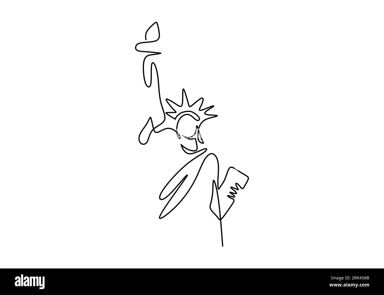 Un disegno continuo a linea singola del giorno dell'indipendenza americana con statua Liberty isolata su sfondo bianco. Illustrazione Vettoriale