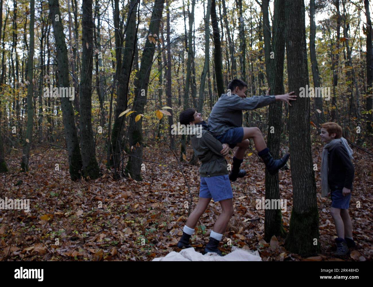Bildnummer: 53599830 Datum: 07.11.2009 Copyright: imago/Xinhua (091115) -- PARIGI, 15 novembre 2009 (Xinhua) -- George (R) guarda i suoi compagni di squadra che cercano di appendere la corda di una tenda su un albero, 7 novembre 2009. Il dodicenne George vassal vive in una famiglia ordinaria nel settore 17 a Parigi, capitale della Francia. George è il secondo figlio più grande della famiglia e conquista popolarità tra i suoi fratelli e sorelle minori. Suo fratello minore Ferdinando lo ammira molto quando giocano a scacchi insieme. I bambini in famiglia non hanno giocattoli costosi. I loro giochi, come il biliardo, gli scacchi e lo spirito di gioco Foto Stock