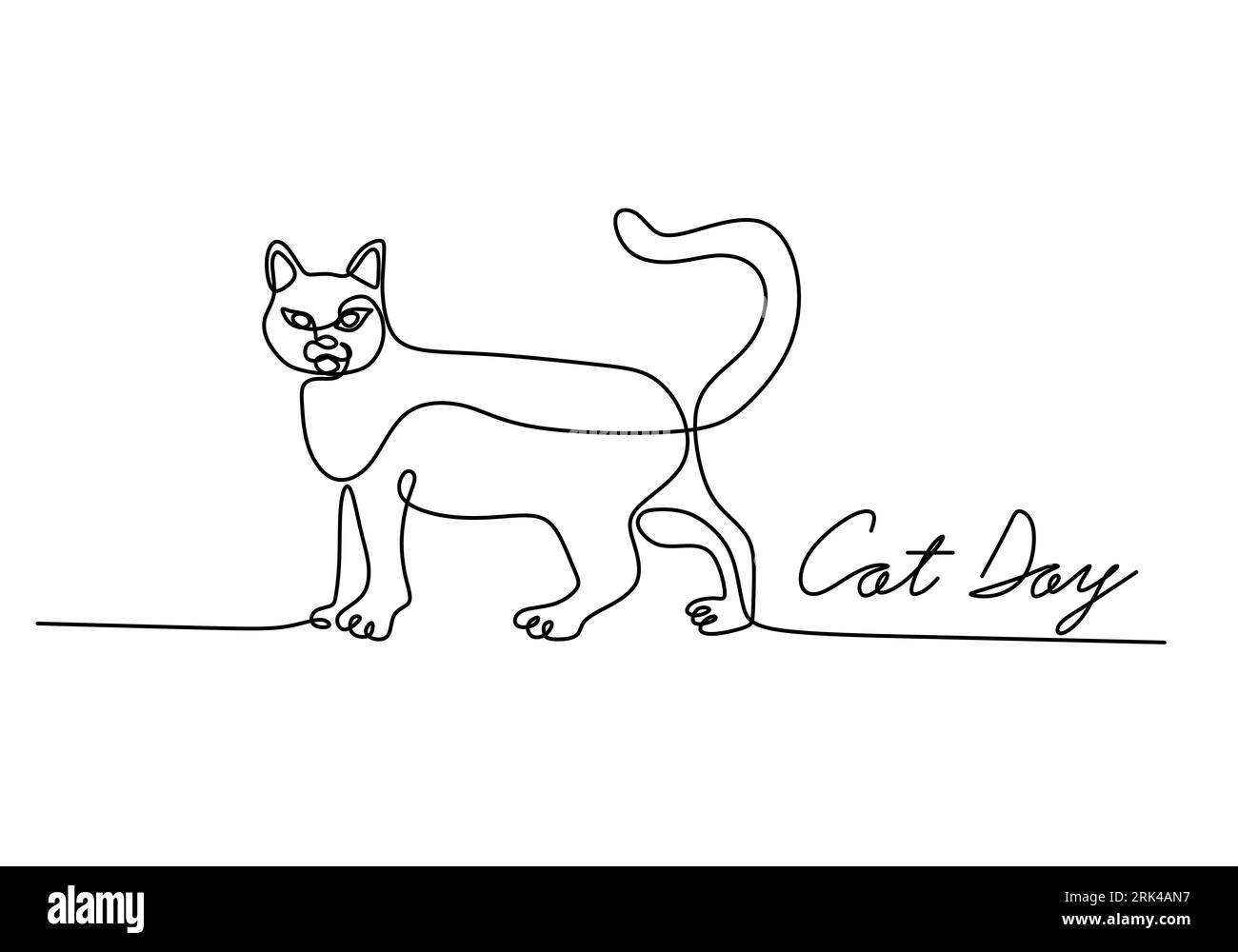 Una singola linea continua di gatto da passeggio per la giornata internazionale dei gatti, isolata su sfondo bianco. Illustrazione Vettoriale