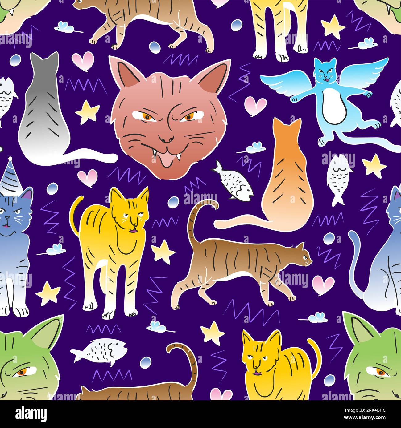Motivo senza cuciture disegnato a mano di elementi gatto in stile infantile su sfondo blu. Illustrazione Vettoriale