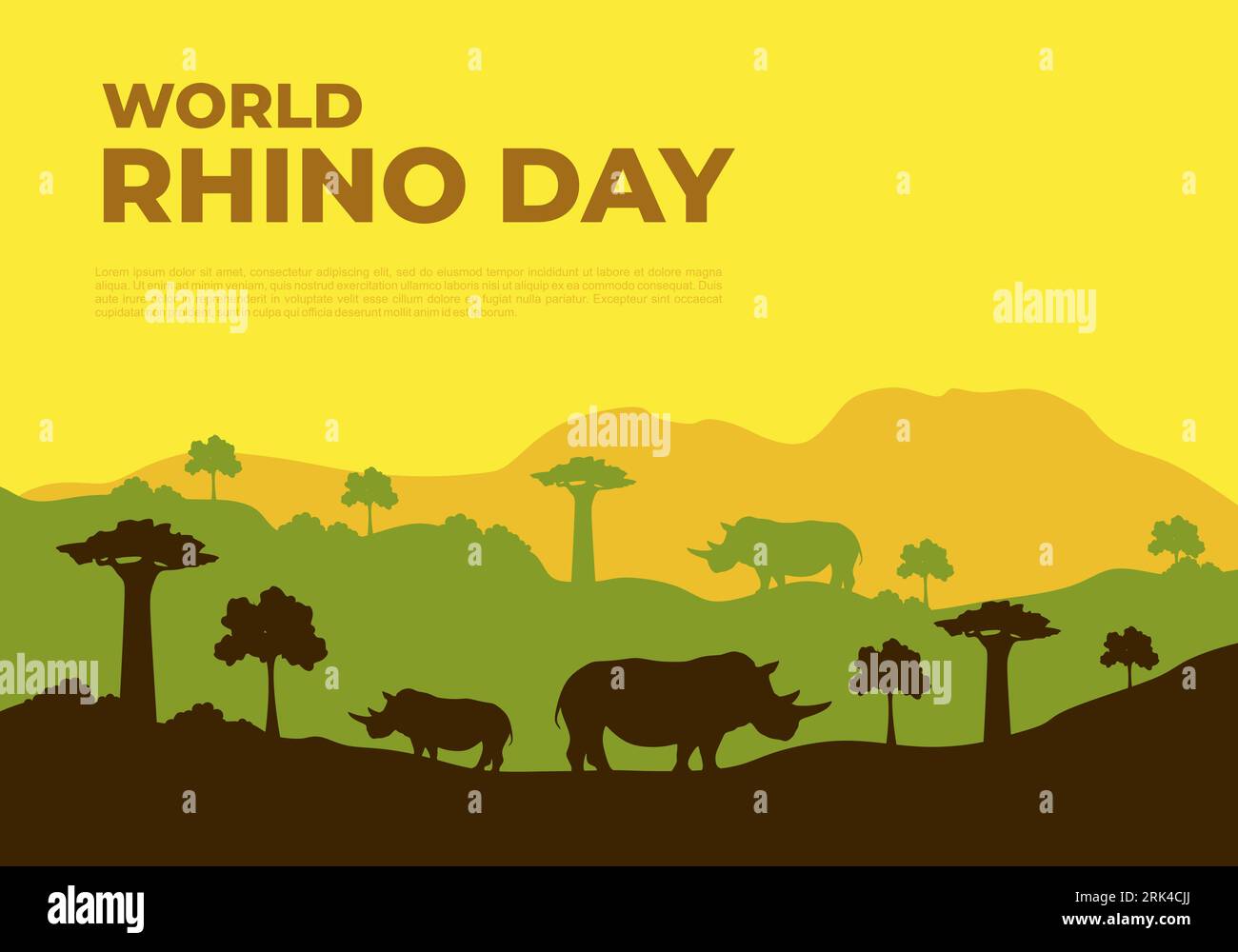 Poster con striscione del World Rhino Day con rinoceronte nella foresta il 22 settembre. Illustrazione Vettoriale