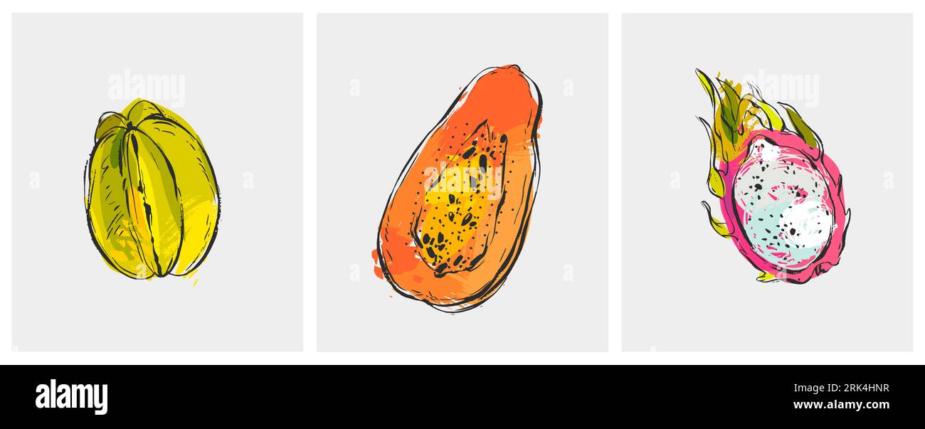 Astratto vettoriale disegnato a mano libera, insolita stampa tropicale, poster o carte da collezione con frutta di drago, papaia e carambola in una luce brillante Illustrazione Vettoriale
