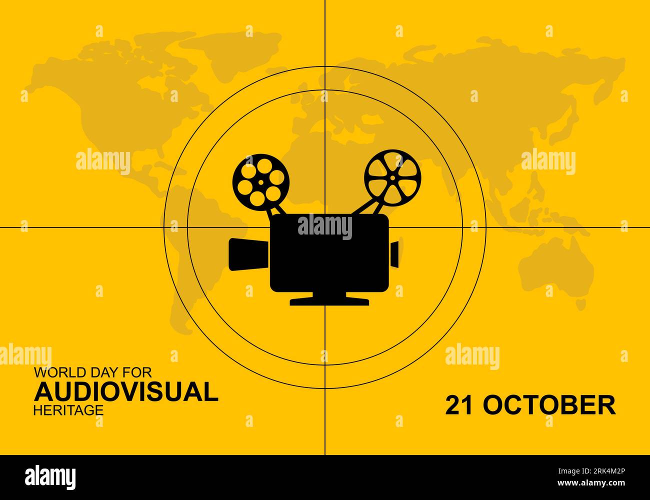 Giornata mondiale per lo sfondo del patrimonio audiovisivo con grande fotocamera e mappa terrestre. Illustrazione Vettoriale