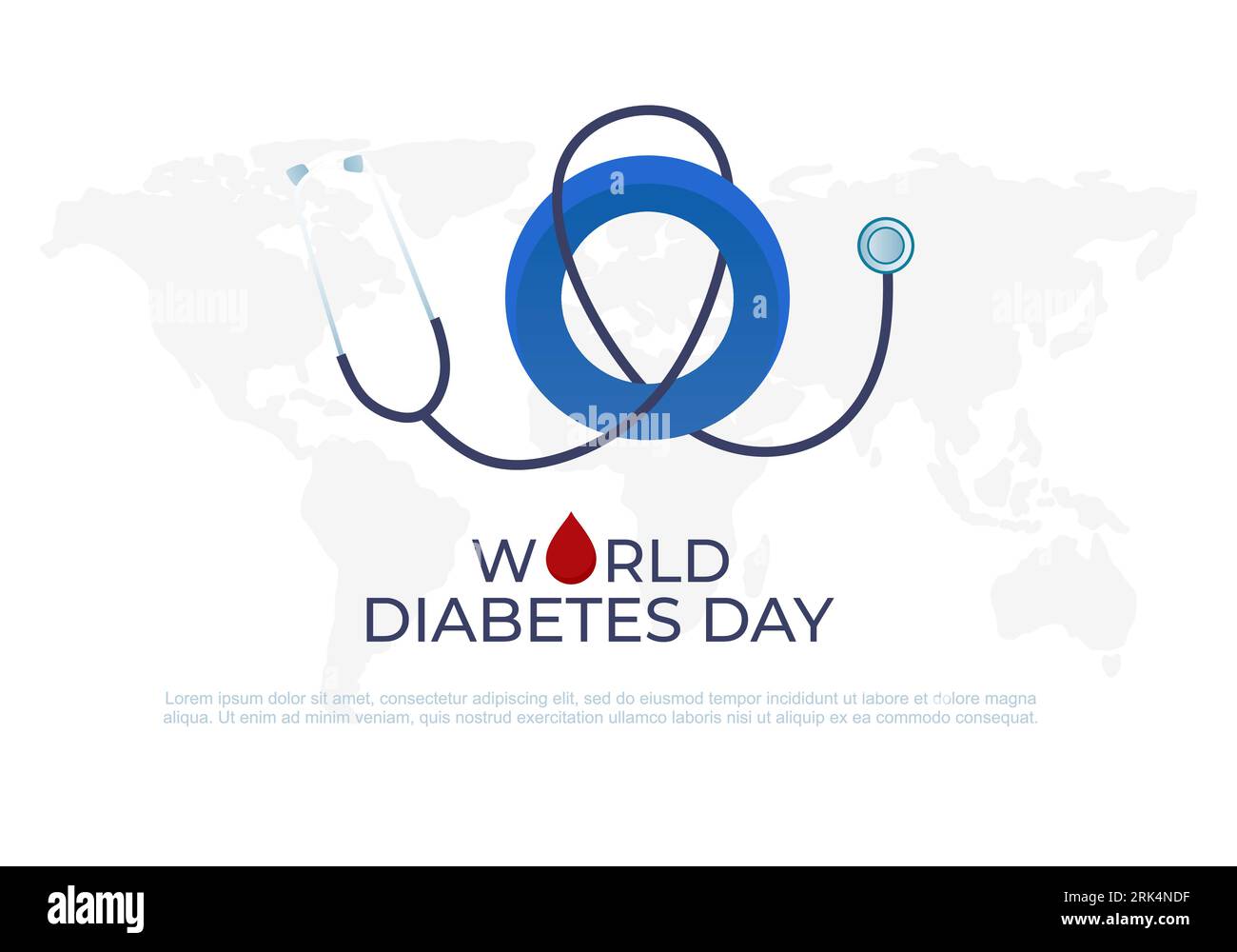 Giornata mondiale del diabete sfondo con stetoscopio e mappa della terra. Illustrazione Vettoriale