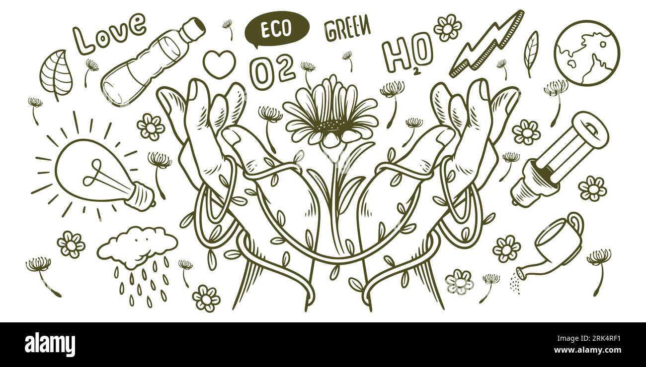 Disegnati a mano con elementi per il set di doodle ecologici per l'energia rinnovabile Save Earth. Illustrazione Vettoriale