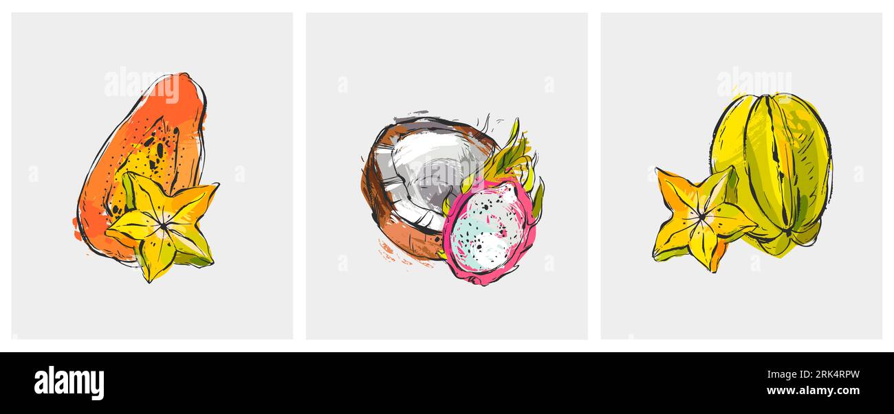 Astratto a mano libera disegnato a mano libera, stampa tropicale insolita o collezione di carte con frutta di drago, papaia, cocco e carambola in una luce brillante Illustrazione Vettoriale