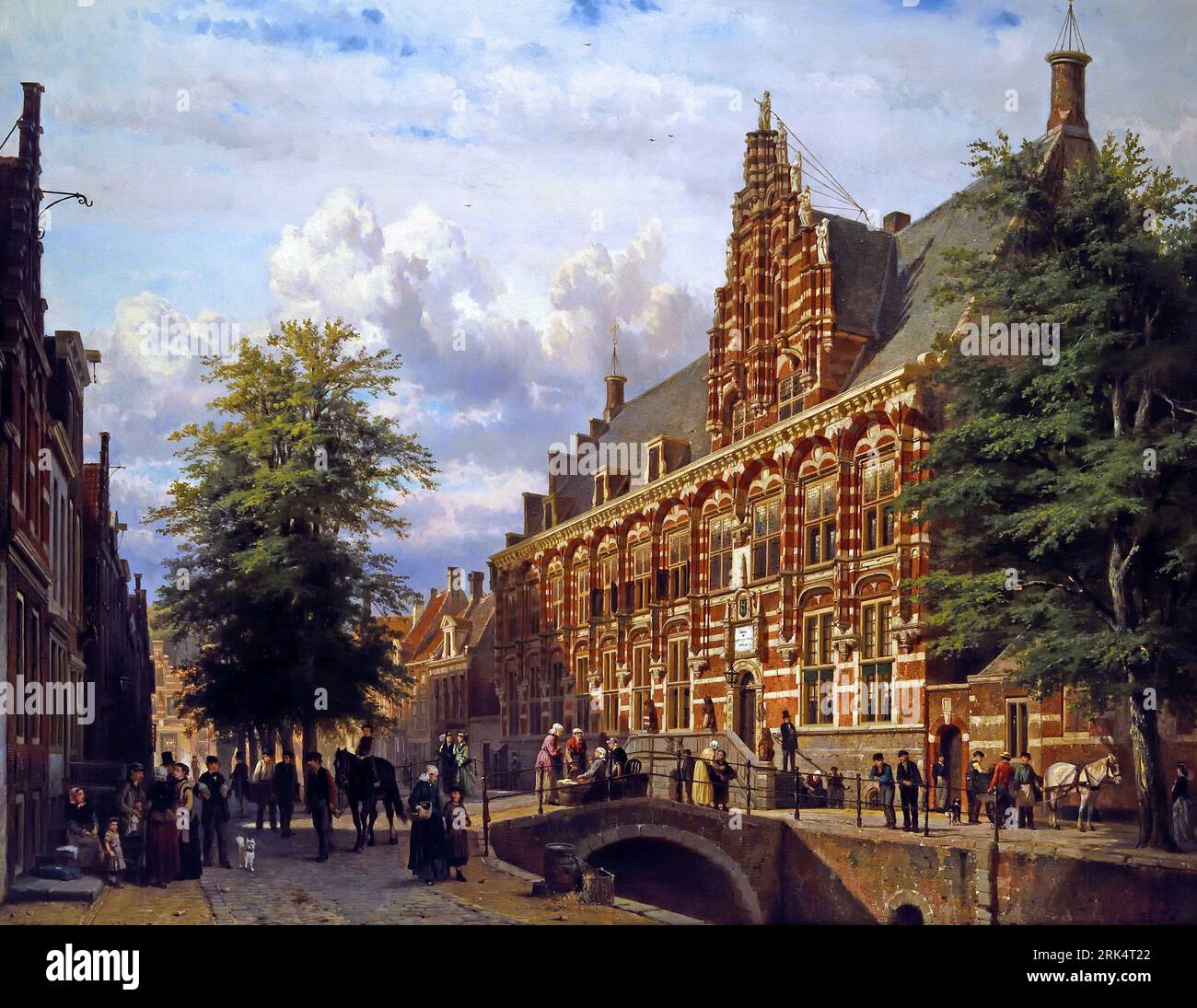 Vista del vivace centro di Leeuwarden, risalente al XVII secolo. È successo su De Brol o Kaakbrug: C'era il mercato, c'erano spettacoli teatrali e punizioni pubbliche. Al centro del ponte c'era una mascella - una gogna - dove i criminali venivano "denunciati”. La tela dà anche uno sguardo al vivace centro del XVII secolo di Leeuwarden. È successo su De Brol o Kaakbrug: C'era il mercato, c'erano spettacoli teatrali e punizioni pubbliche. Al centro del ponte c'era una mascella, una gogna, dove i criminali "denunciavano la Frisia olandese, Paesi Bassi, pittore Jan Abrahamsz Beerstraten 1662. Foto Stock