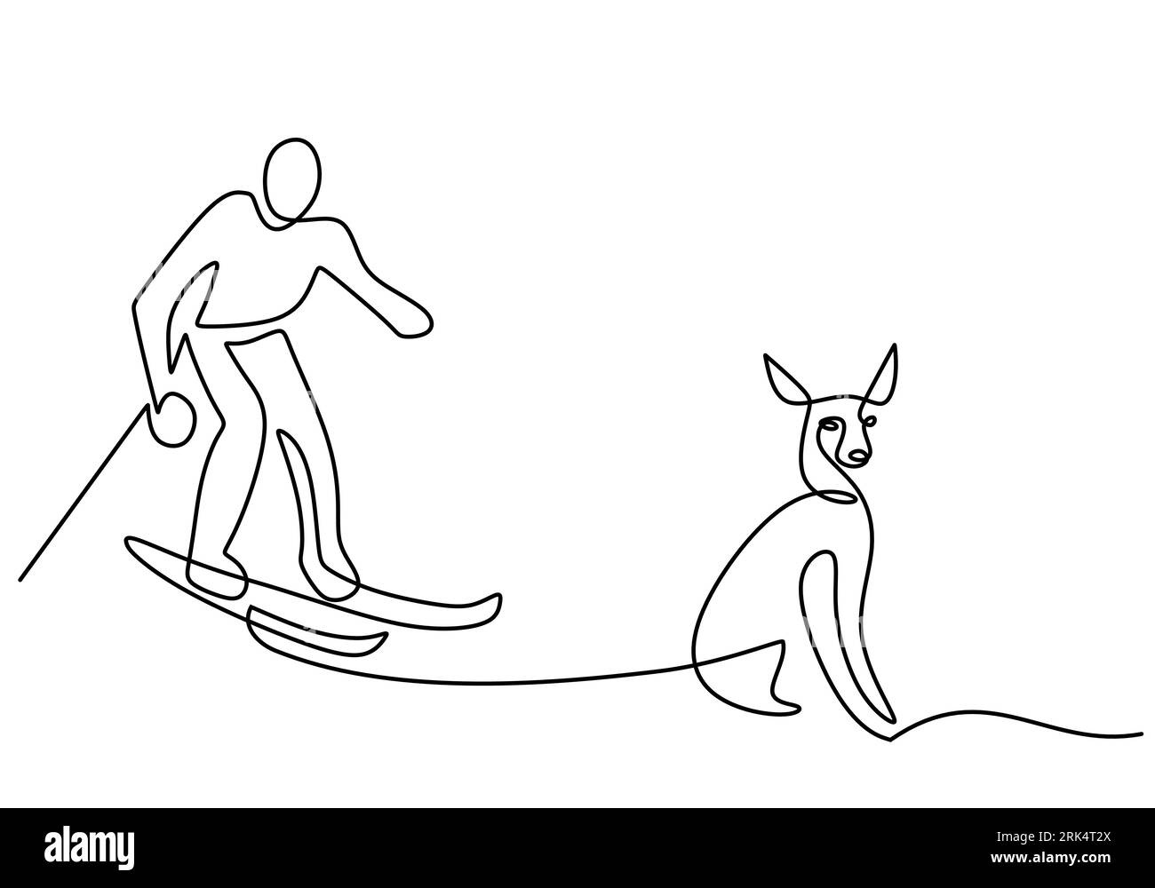 Disegnare a mano una singola linea continua di uomini giocare a pattinaggio su ghiaccio con cane su ghiaccio isolato su sfondo bianco. Illustrazione Vettoriale