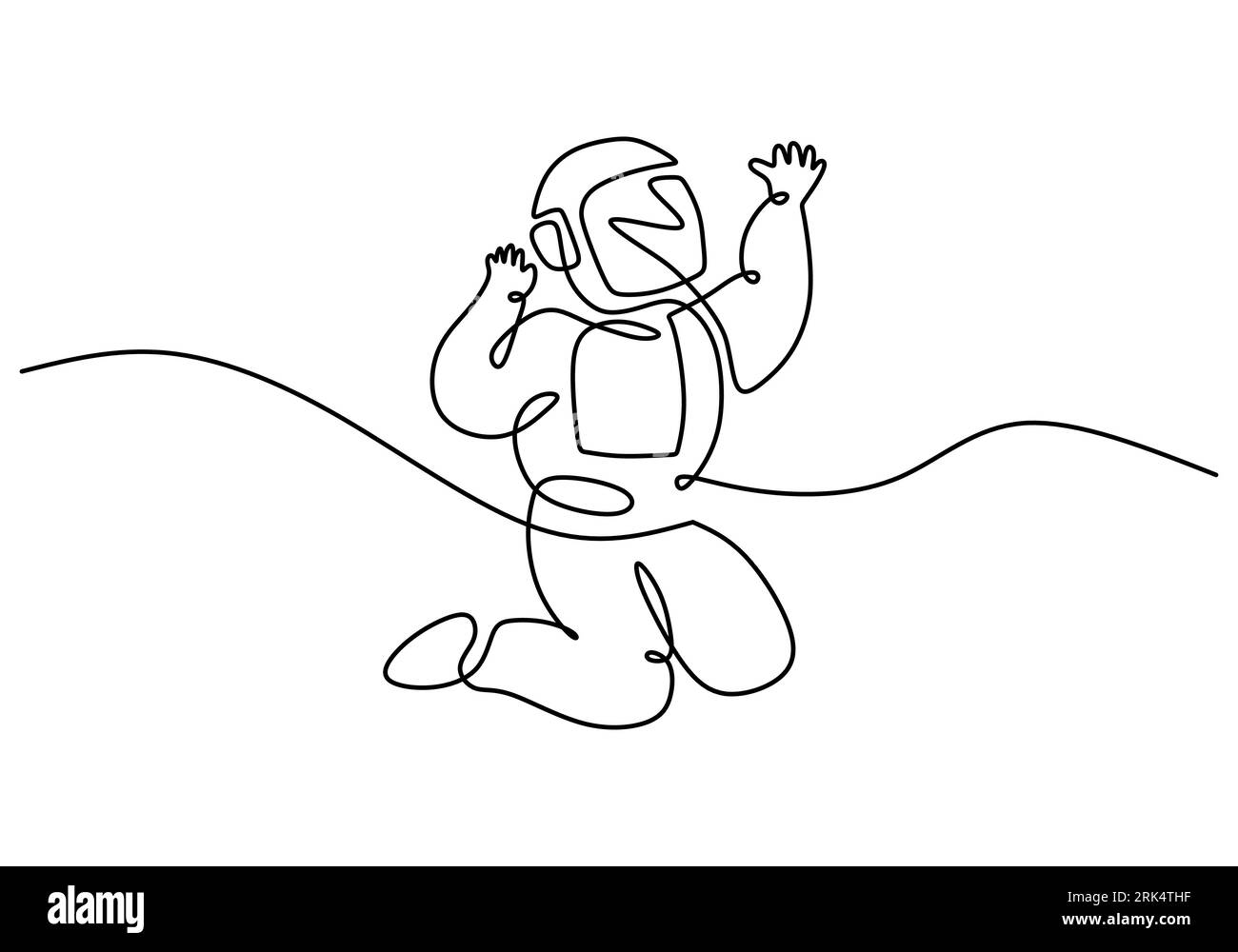 Disegna a mano una singola linea continua di tema scientifico del volo degli astronauti isolato su sfondo bianco. Illustrazione Vettoriale