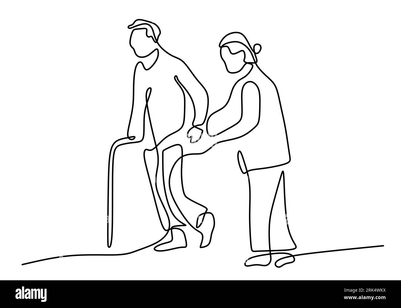 Disegnare a mano una linea di donna aiutare l'uomo disabile su sfondo bianco. Illustrazione Vettoriale