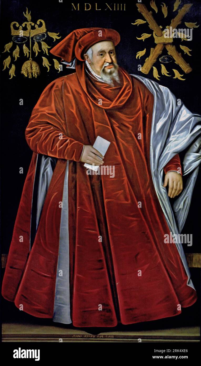 Viglius van Aytta (1507-1577) Imperatore spagnolo mano destra 1564 di Jacques de Punder. Dutch, Paesi Bassi, Wigle van Aytta van Swichum nacque in Frisia, ma andò in Europa per studiare. Conobbe Erasmus; le sue idee progressiste sull'umanesimo, in cui l'uomo era al centro, gli fecero appello. Viglius divenne professore a Ingolstadt, ma alla fine tornò nei Paesi Bassi. Qui divenne presidente del consiglio privato di Carlo V: Un uomo potente. Viglio è raffigurato qui come Cancelliere dell'ordine del Toson d'Oro Foto Stock