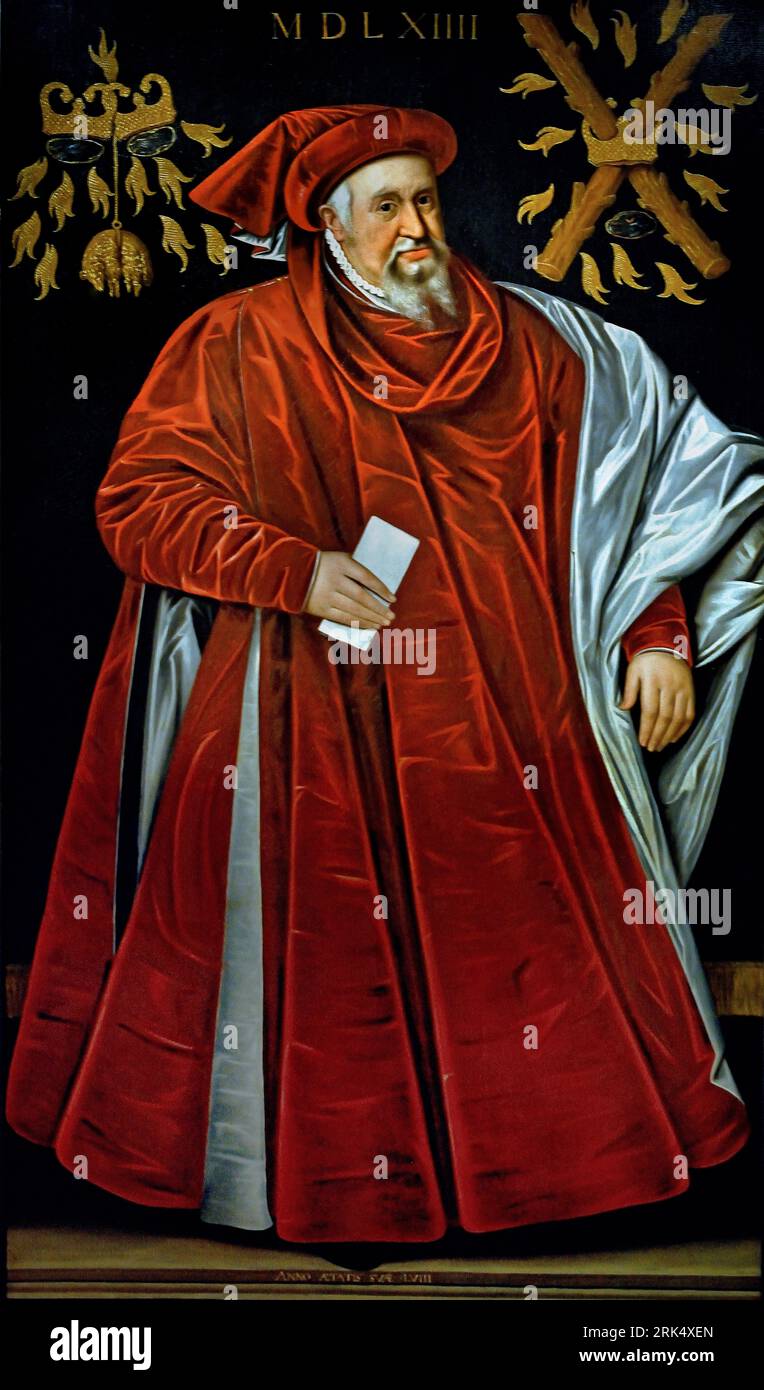 Viglius van Aytta (1507-1577) Imperatore spagnolo mano destra 1564 di Jacques de Punder. Dutch, Paesi Bassi, Wigle van Aytta van Swichum nacque in Frisia, ma andò in Europa per studiare. Conobbe Erasmus; le sue idee progressiste sull'umanesimo, in cui l'uomo era al centro, gli fecero appello. Viglius divenne professore a Ingolstadt, ma alla fine tornò nei Paesi Bassi. Qui divenne presidente del consiglio privato di Carlo V: Un uomo potente. Viglio è raffigurato qui come Cancelliere dell'ordine del Toson d'Oro Foto Stock