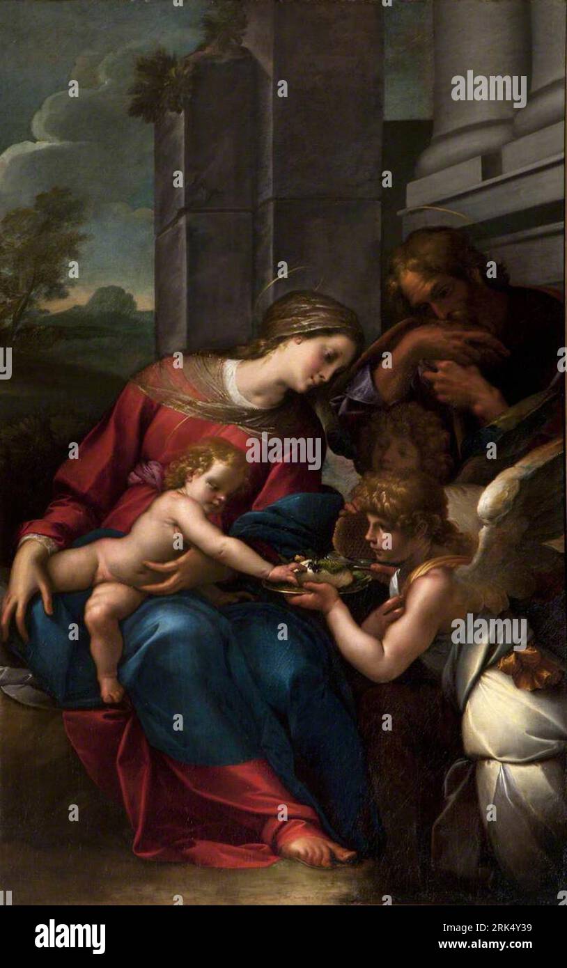 La Sacra famiglia con un Angelo che offre un favo al Cristo bambino tra il 1570 e il 1625 di Pier Francesco Mazzucchelli Foto Stock