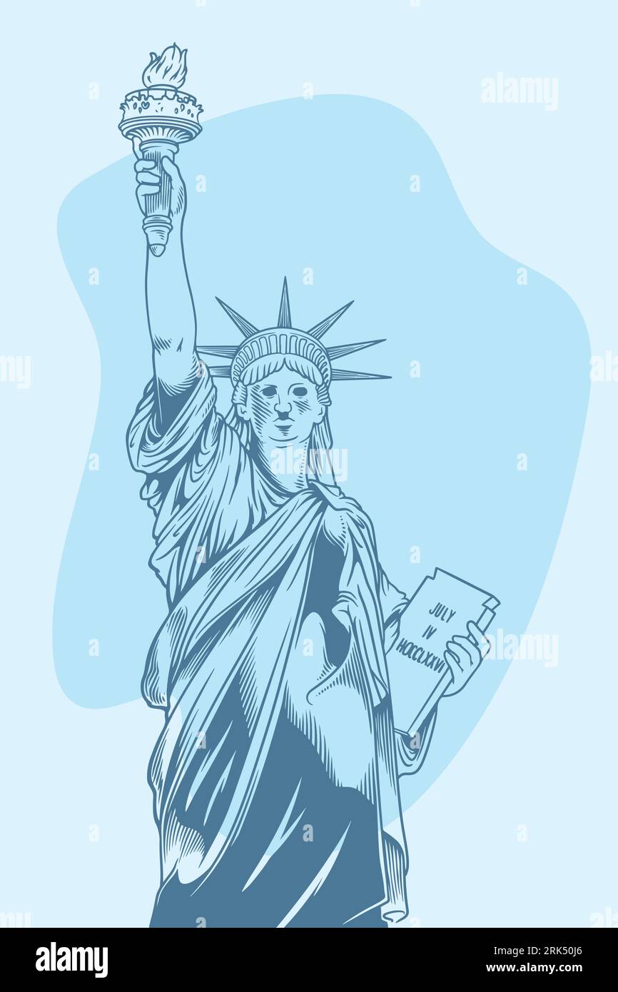Disegnato a mano di una statua di storia antica della libertà. Illustrazione Vettoriale