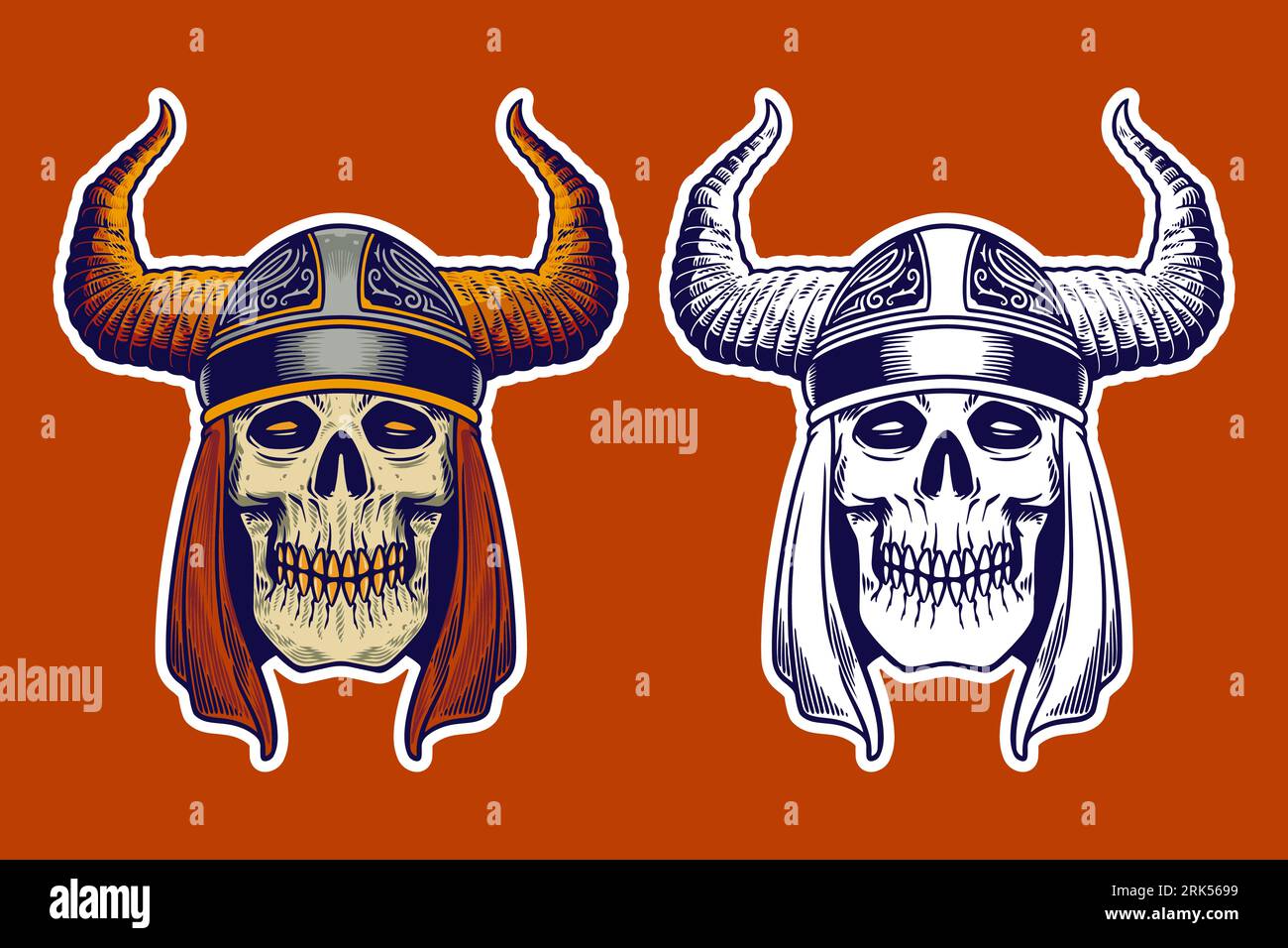 la testa del cranio indossa l'illustrazione vettoriale dell'elmetto viking Illustrazione Vettoriale