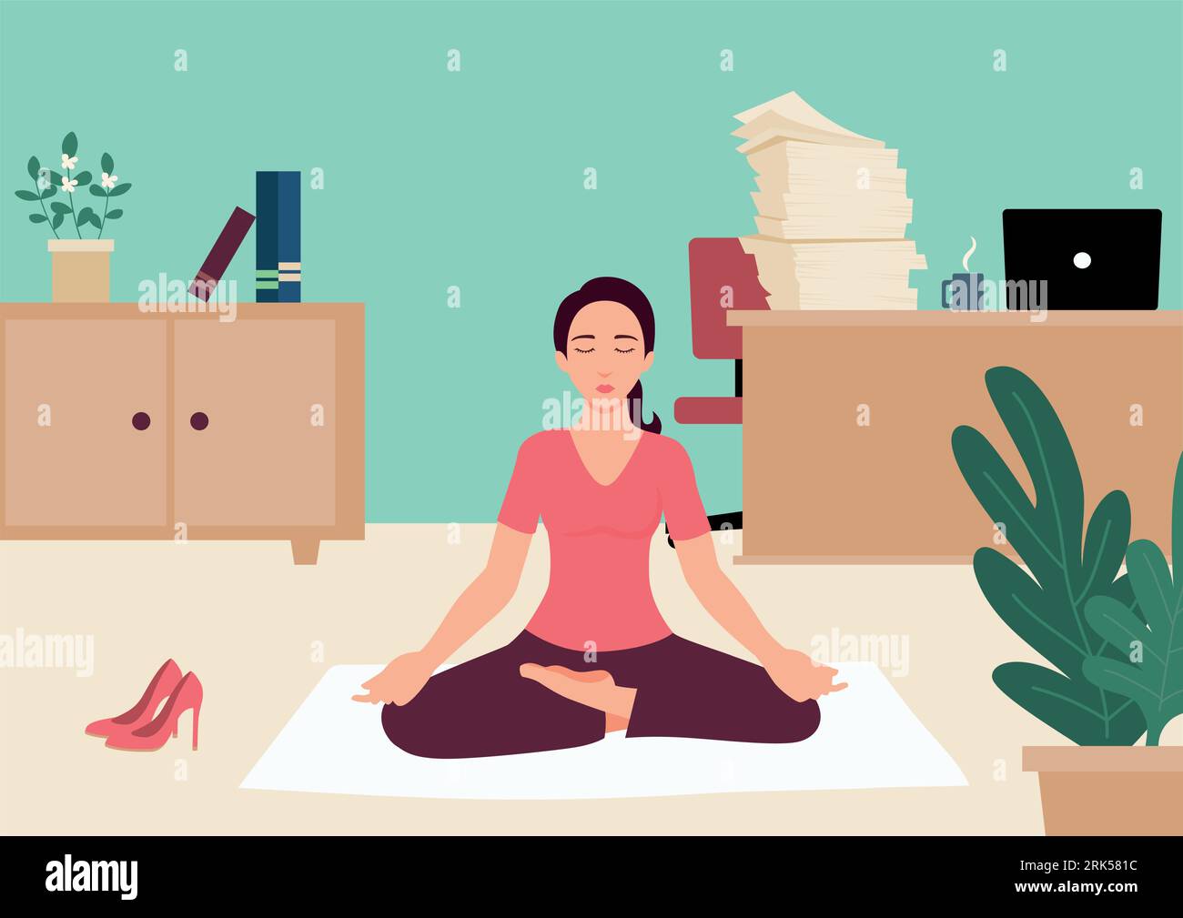 Semplice vettore piatto illustrazione di una donna d'affari che fa yoga dentro ufficio Illustrazione Vettoriale