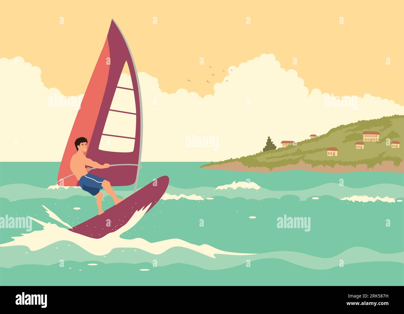 Semplice illustrazione vettoriale piatta di un uomo windsurf, sport estremi, attività di svago, concetto di vacanza Illustrazione Vettoriale