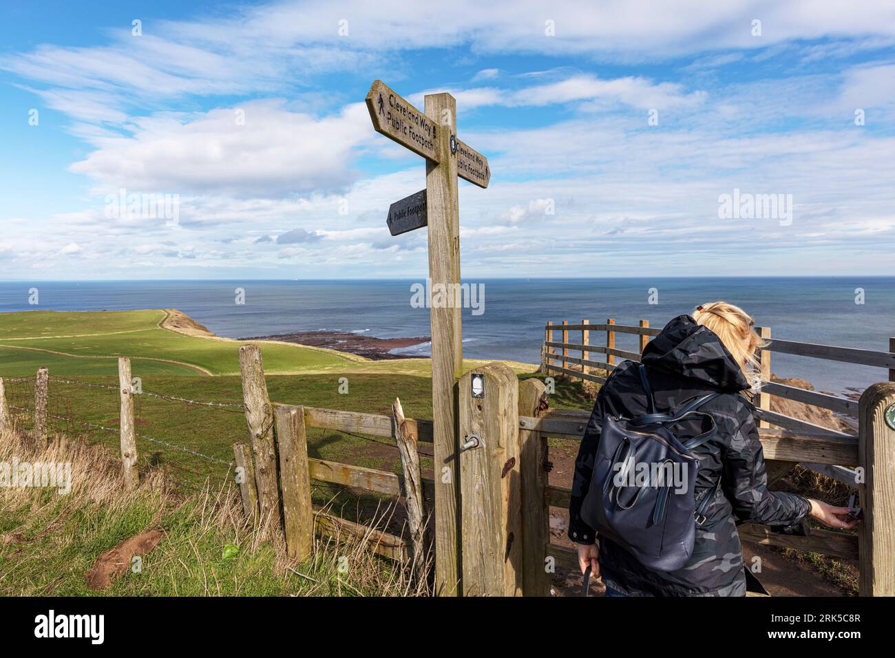 Cleveland Way, North Yorkshire Coast, Regno Unito, Inghilterra, la passeggiata da Port Mulgrave a Staithes sulla Cleveland Way, Cliff Walk Foto Stock