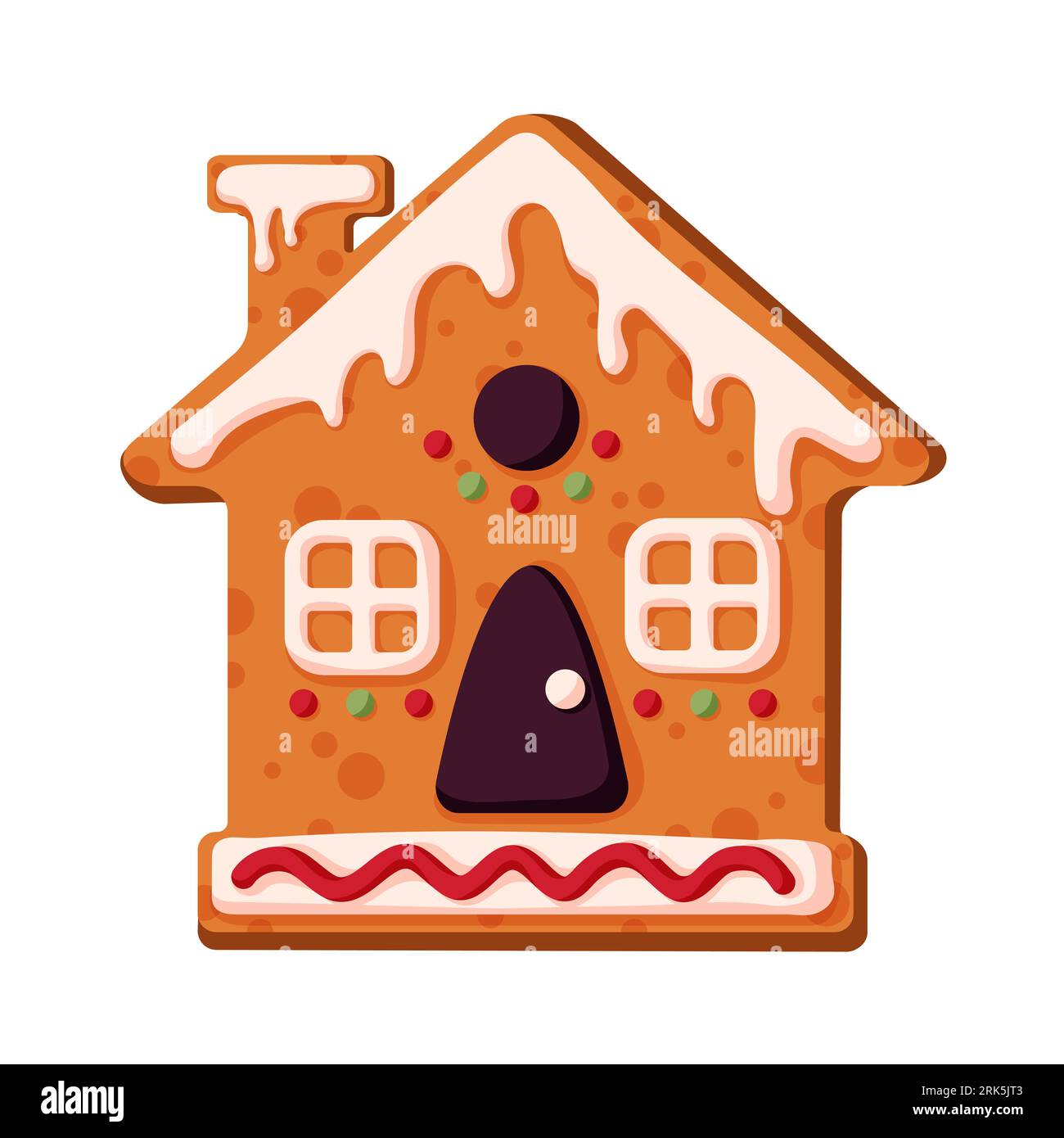 Pasticceria di pan di zenzero in stile cartone animato. Simbolo delle festività invernali, dolcetti natalizi. Dolci fatti in casa natalizi e invernali a forma di casa. Vettore Illustrazione Vettoriale