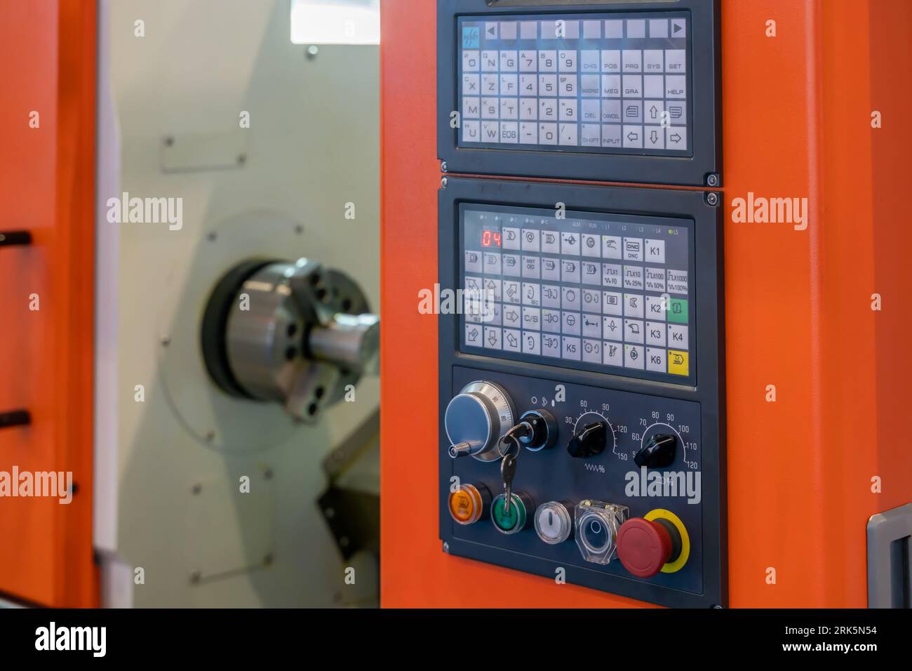 close up view of dashboard of CNC lathe machinery. focus on dashboard. Foto Stock