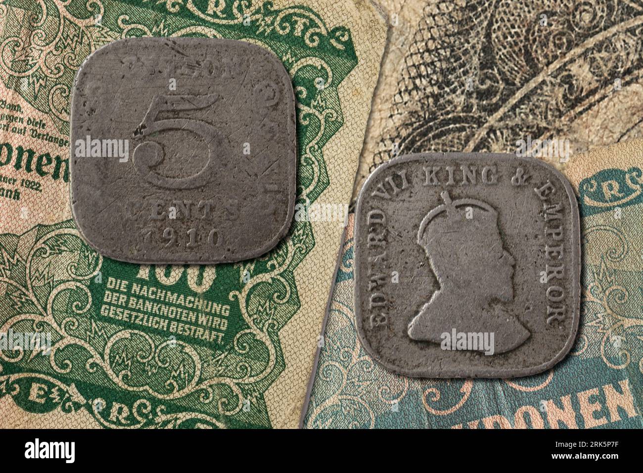 La moneta d'epoca Ceylon da 5 centesimi del 1910, raffigurante re Edoardo VII Foto Stock