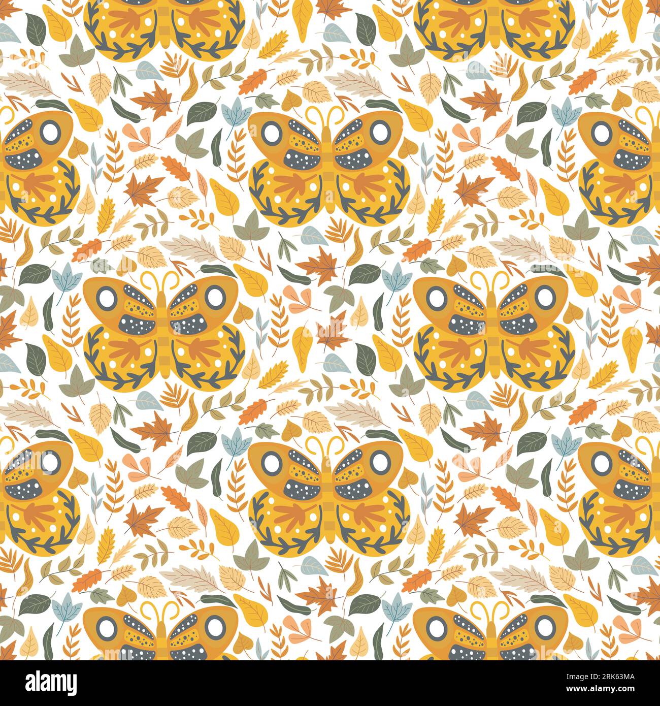 Farfalle e foglie di sfondo boho. Motivo autunnale senza cuciture con le tarme. Stampa colorata botanica con fogliame autunnale per tessuti e confezioni Illustrazione Vettoriale