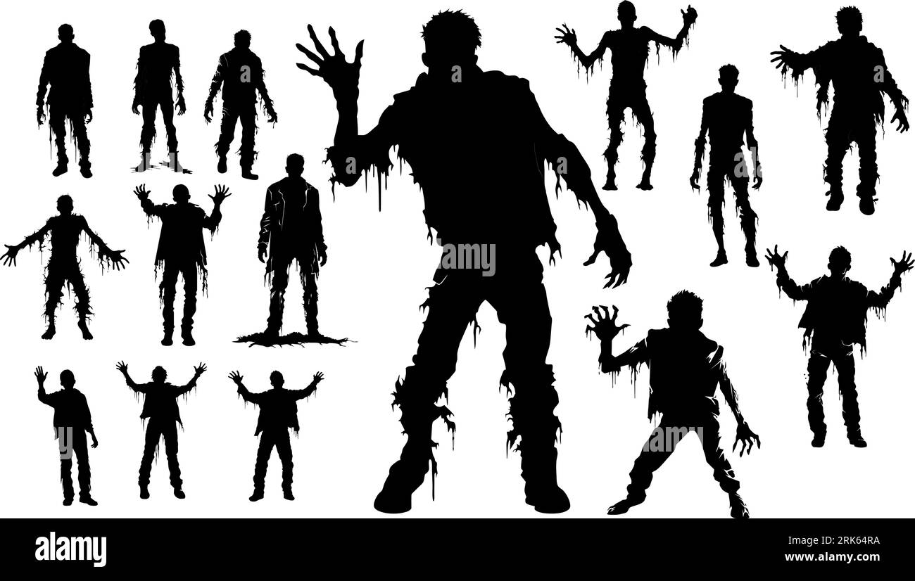 Azioni zombie in piedi e in piedi nella collezione stile silhouette. Tutta la lunghezza delle persone resuscitate dai morti isolati su bianco. Illustrazione Vettoriale