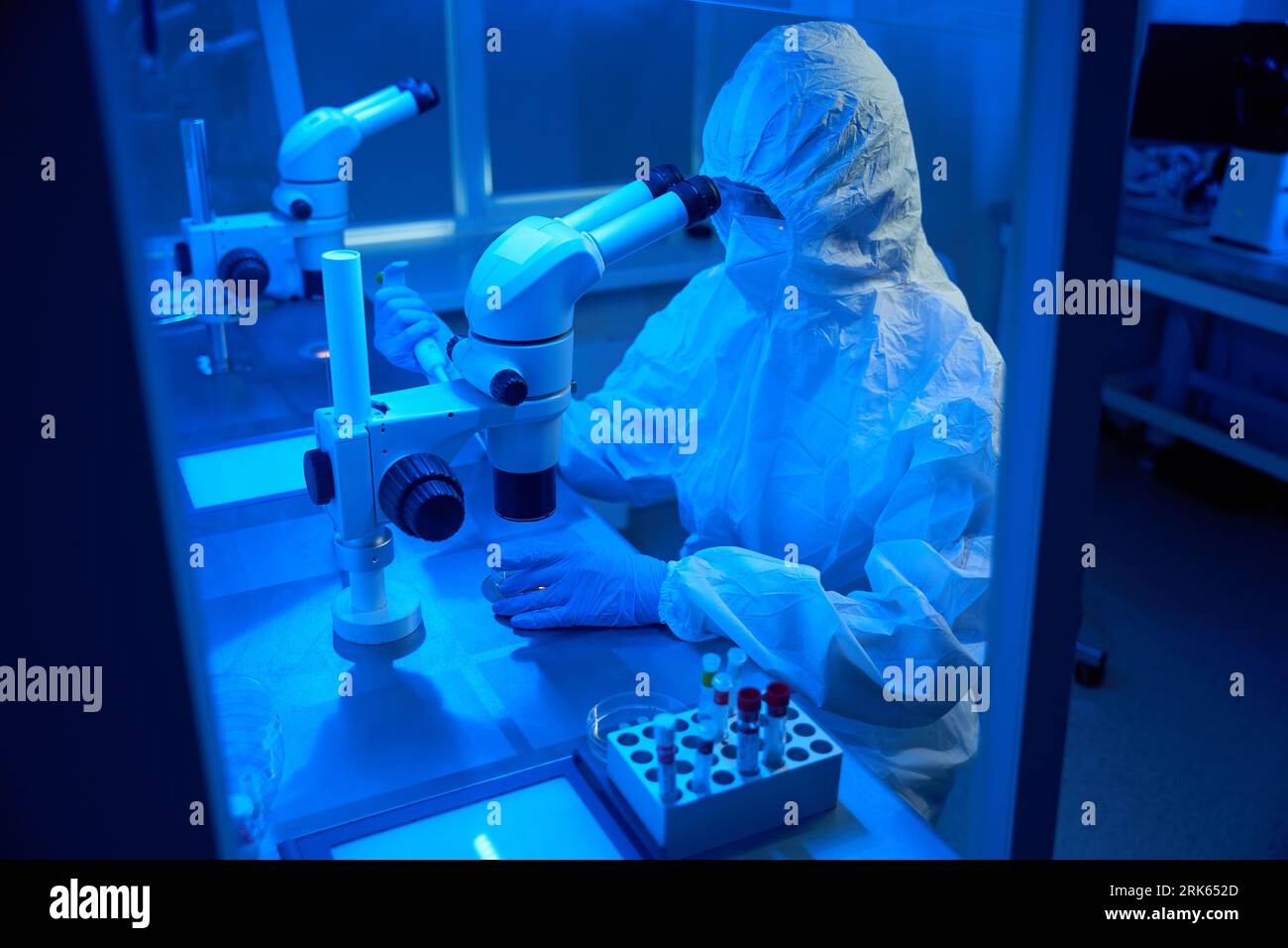L'embriologo nella sala sterile utilizza il set di micromanipolatori Foto Stock