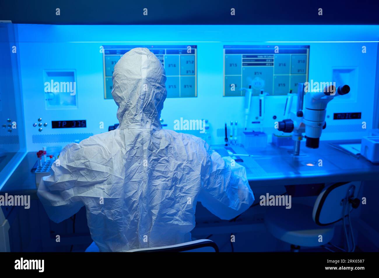 L'embriologo in una stanza sterile effettua una biopsia di embrioni Foto Stock