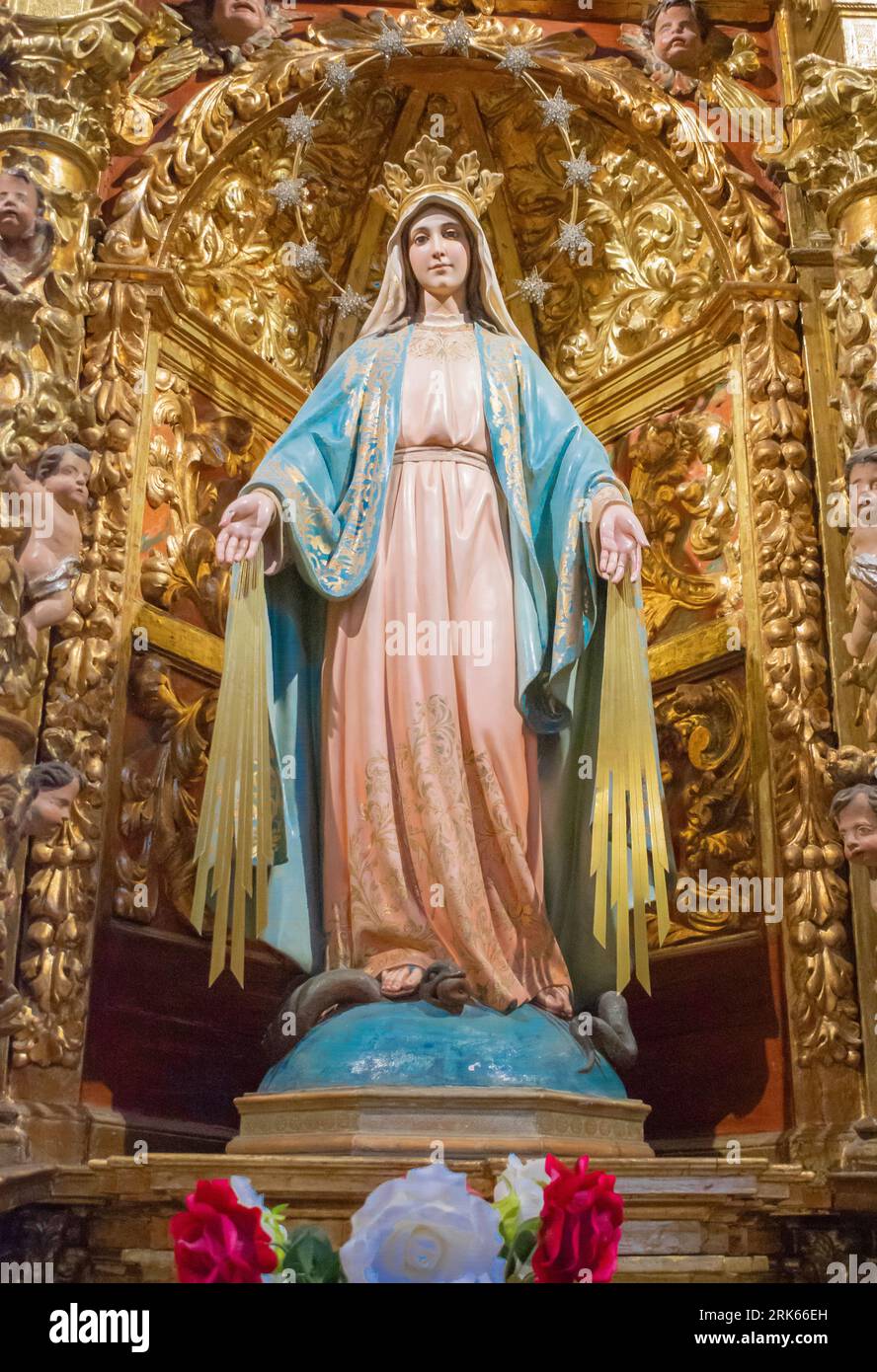 Uno scatto architettonico di una statua di una figura religiosa situata in una grande cattedrale con una stella sopra di essa Foto Stock