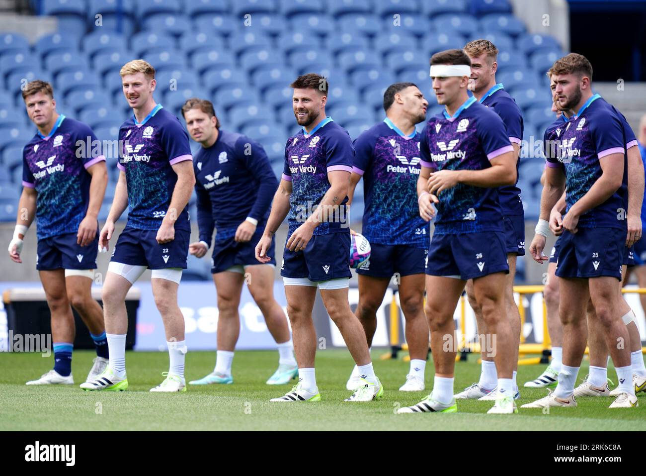 Scotland team-mates during a training session at the Scottish Gas Murrayfield Stadium, Edinburgh. Picture date: Thursday August 24, 2023. Foto Stock