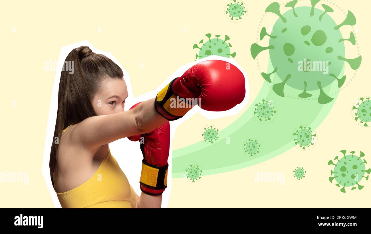 Contemporary art collage. Athletic, fit girl in boxing uniform, gloves fights with harmful bright bacteria. Foto Stock