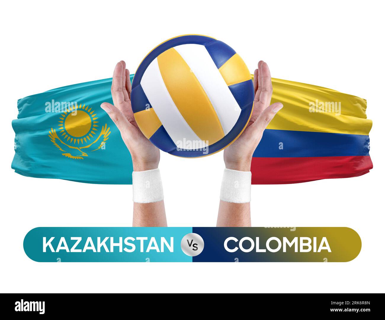 Concetto di gara di pallavolo e pallavolo delle squadre nazionali Kazakistan vs Colombia. Foto Stock