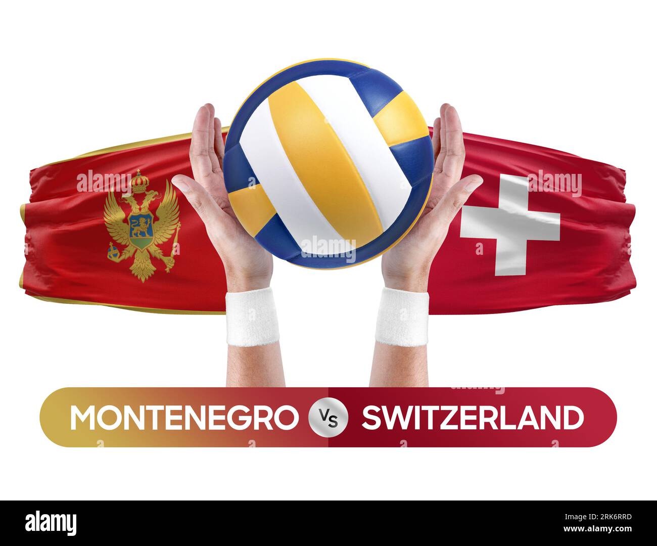 Concetto di gara di pallavolo e pallavolo per squadre nazionali Montenegro vs Svizzera. Foto Stock
