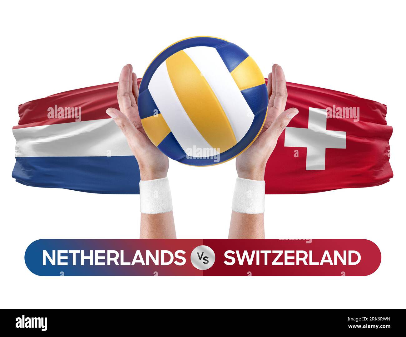 Concetto di gara di pallavolo e pallavolo per squadre nazionali nei Paesi Bassi contro Svizzera. Foto Stock