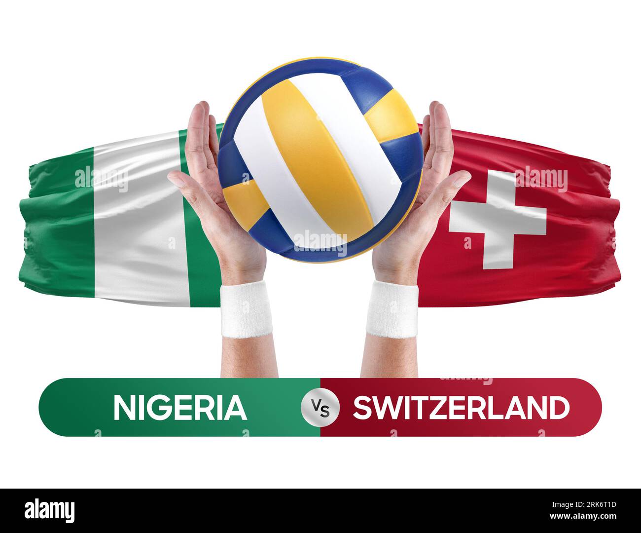 Concetto di gara di pallavolo e pallavolo delle squadre nazionali Nigeria vs Svizzera. Foto Stock