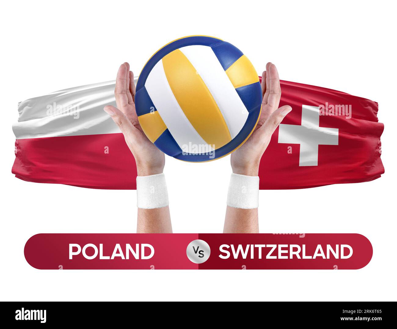 Concetto di gara di pallavolo e pallavolo per squadre nazionali Polonia vs Svizzera. Foto Stock
