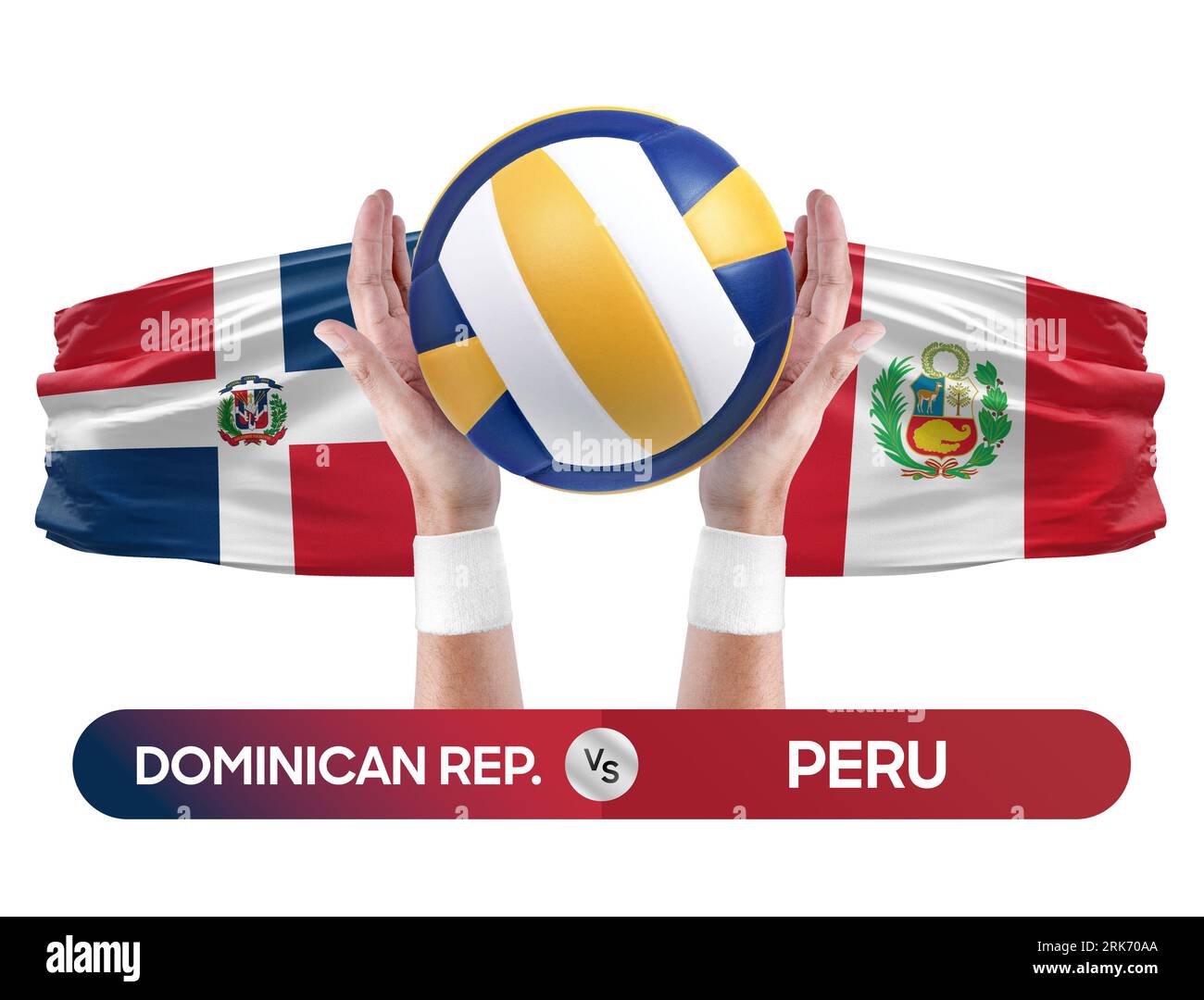 Concetto di competizione tra le squadre nazionali di pallavolo e pallavolo della Repubblica Dominicana e Perù. Foto Stock
