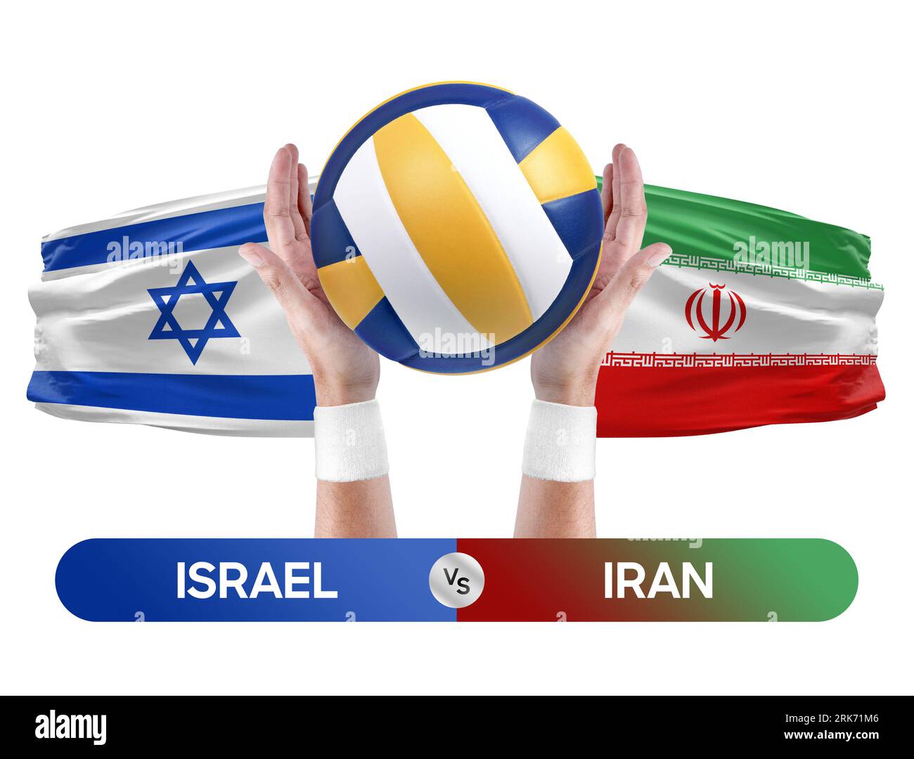 Concetto di gara di pallavolo e pallavolo delle squadre nazionali Israele contro Iran. Foto Stock