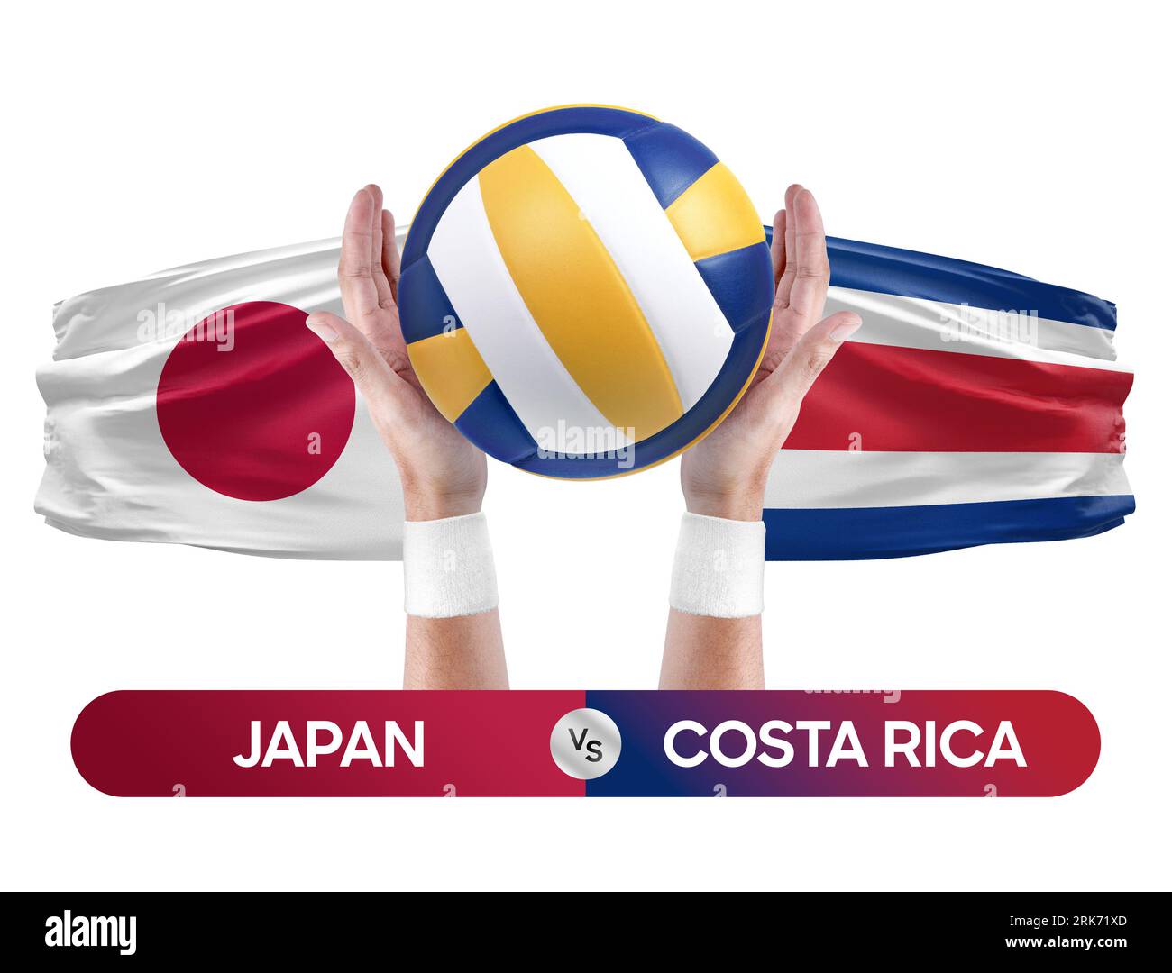 Concetto di competizione tra Giappone e Costa Rica per partite di pallavolo e pallavolo. Foto Stock