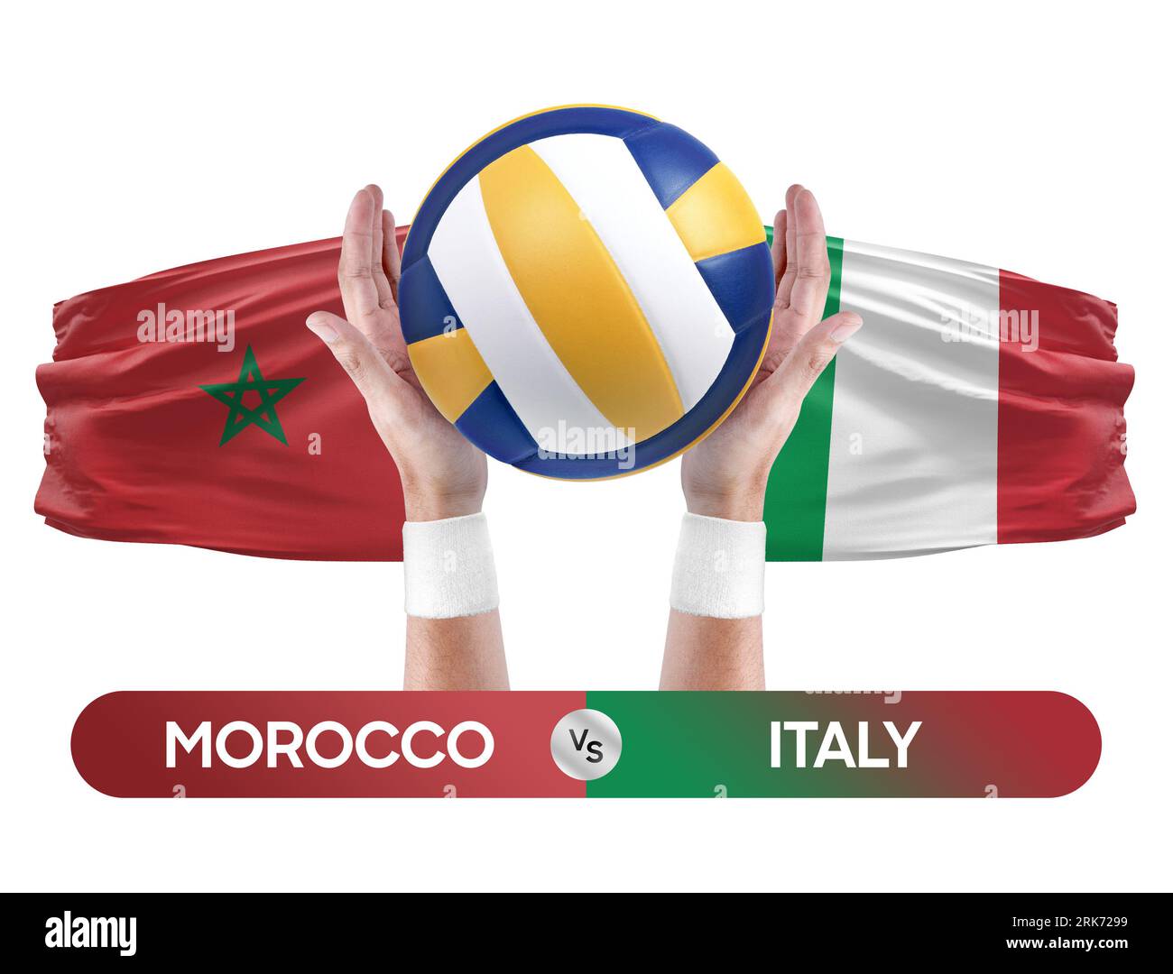 Concetto di gara di pallavolo e pallavolo delle squadre nazionali Marocco-Italia. Foto Stock