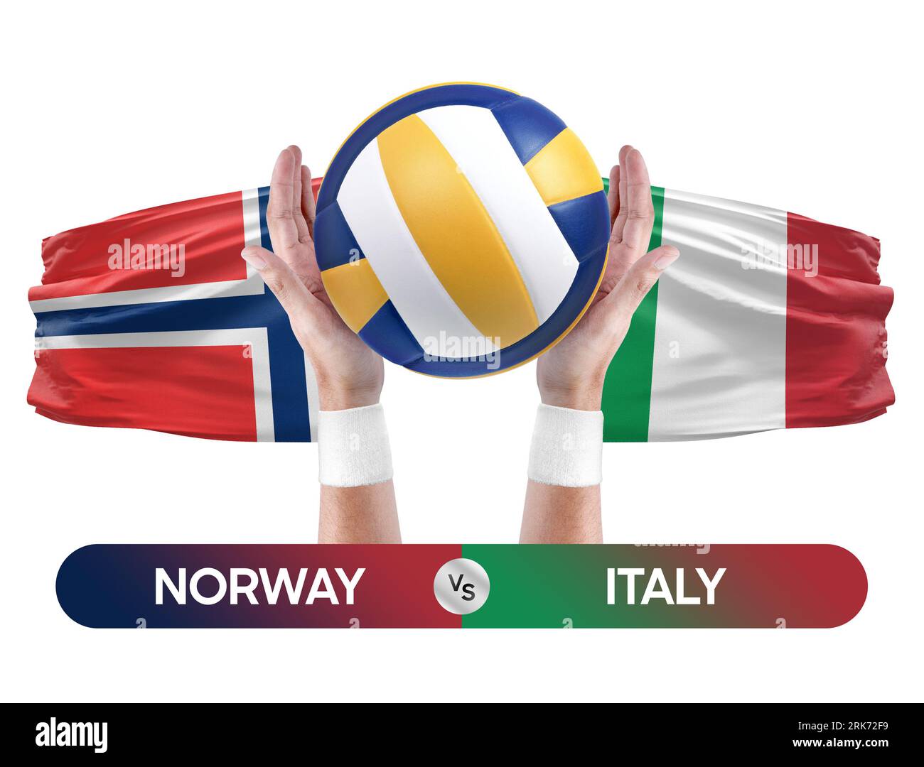 Concetto di gara di pallavolo e pallavolo delle squadre nazionali Norvegia-Italia. Foto Stock