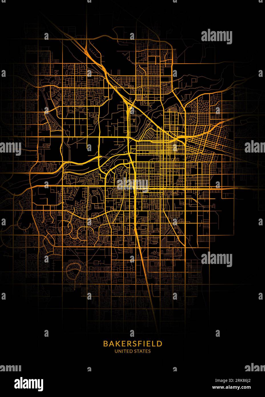 Un'illustrazione vettoriale di Bakersfield, USA, con una mappa della città con strade arancioni su sfondo nero Foto Stock