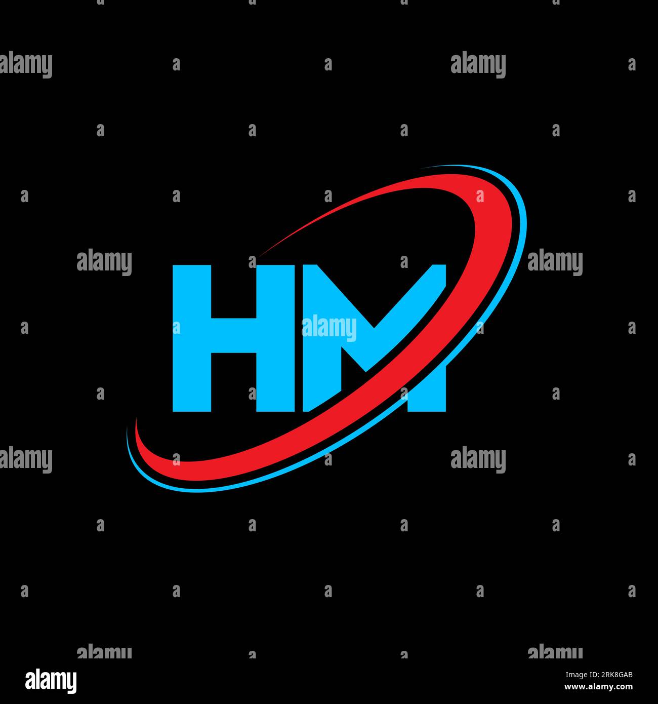 Logo HM H M Letter. Lettera iniziale HM, cerchio collegato in maiuscolo, logo rosso e blu. Logo HM, design H M. hm, h m Illustrazione Vettoriale