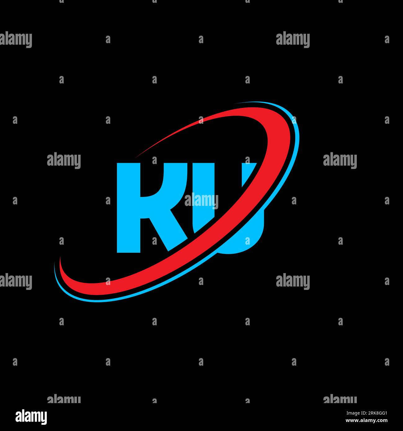 Logo KU K U Letter. Lettera iniziale KU, cerchio collegato, monogramma maiuscolo, rosso e blu. Logo KU, design K U. ku, k u Illustrazione Vettoriale