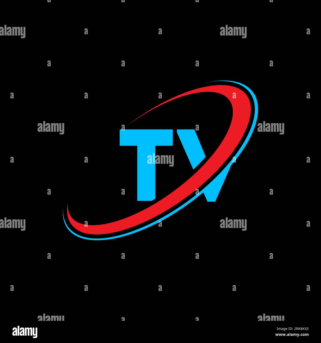 Logo TV T V Letter. Lettera iniziale del logo rosso e blu del monogramma in maiuscolo del cerchio collegato alla TV. Logo TV, design T V. tv, t v Illustrazione Vettoriale