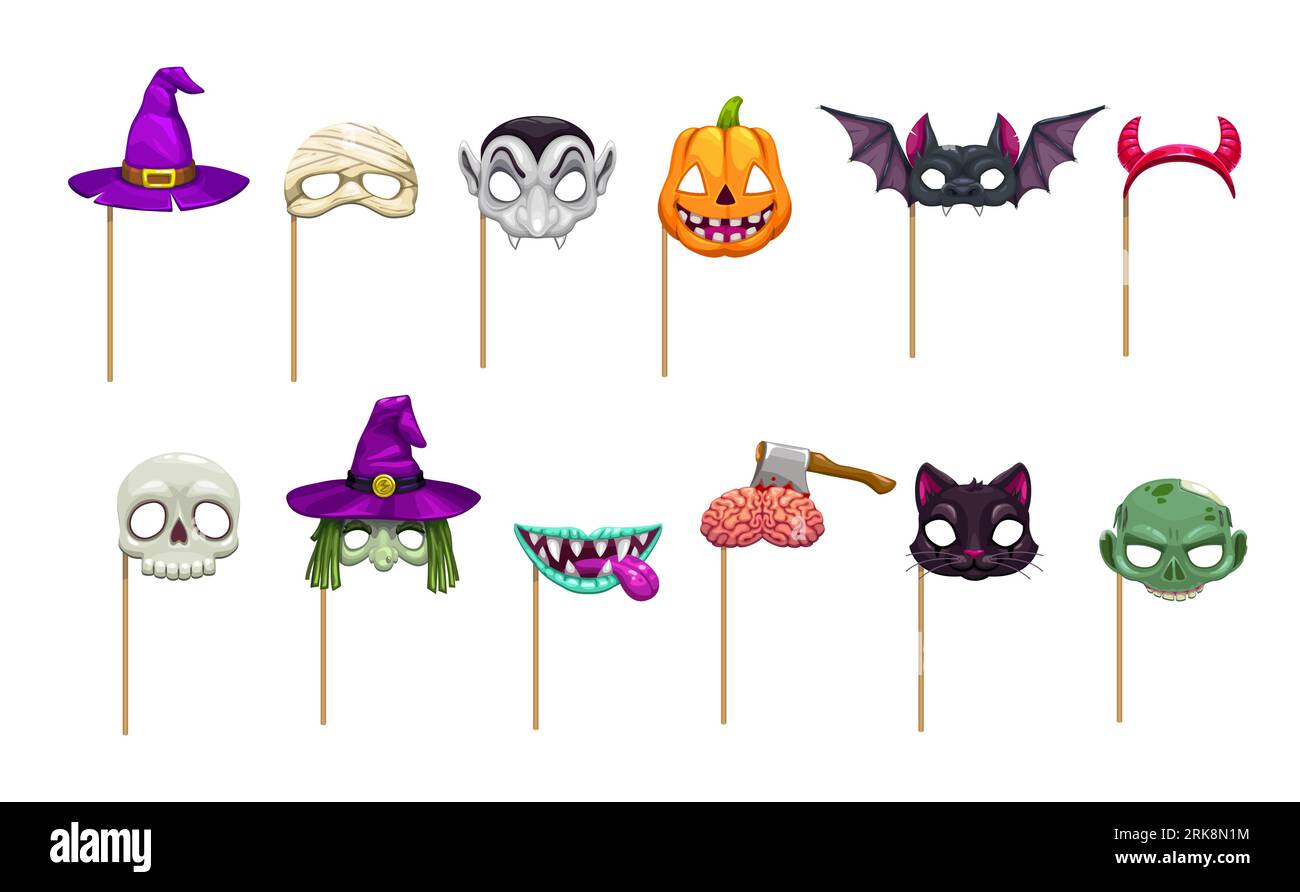 Cartoon halloween Photo Booth maschere e oggetti di scena. Set vettoriale isolato di cappello da strega e volto, vampiro, mummia e zucca. BAT, corna del diavolo, cranio e mons Illustrazione Vettoriale